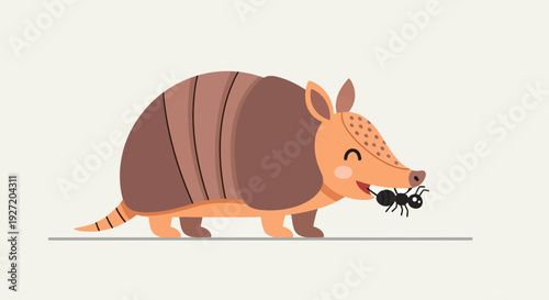 Cartoon armadillo eating ant vector illustration; cute animal character with brown shell on isolated beige background for kids design