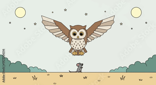 Owl flying above a mouse in the night landscape vector illustration in flat design with moon stars and stylized clouds for children's story