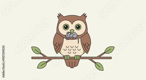 Cartoon owl sitting on a branch with a mouse in its beak flat vector illustration cute animal with green eyes and light brown feathers