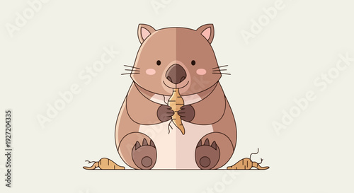 Adorable wombat eating a root vegetable illustrated in a cute cartoon vector style with soft earth tones and minimalist design isolated.