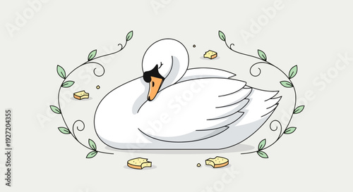 Elegant white swan surrounded by vines and bread in a flat vector style illustration perfect for animal and wildlife themed designs