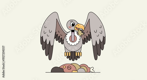 Cartoon vulture with open wings eating a bone over a carcass in flat vector illustration style on beige background for kids book or design elements