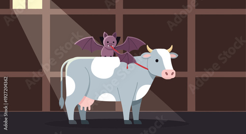 Vector illustration of a cartoon bat drinking milk from a spotted cow under a spotlight in a dark barn for comedic farm concept