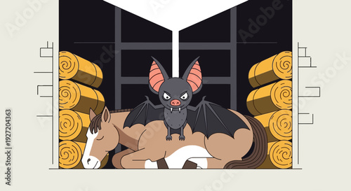 Cartoon illustration of a scary bat perched on a sleeping horse inside a hay filled barn in vector flat style for kids