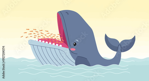 Cartoon blue whale with open mouth eating krill in the ocean waves vector illustration; flat design for marine life and wildlife concept
