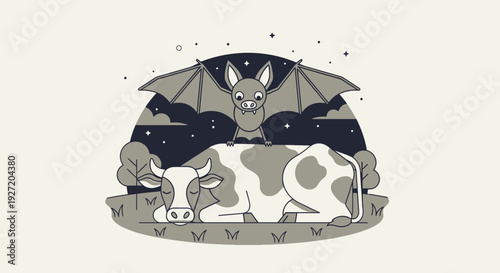 Cartoon bat perched atop a sleeping cow under a starry night sky with stylized trees in a flat vector illustration for children's designs