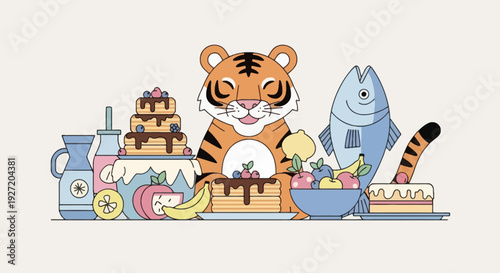 Cute tiger surrounded by pancakes fruits lemonade cake and fish in flat vector illustration for food themed designs and healthy eating concepts