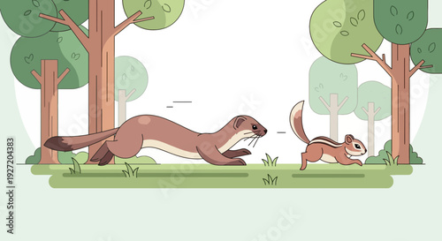 Weasel chasing a chipmunk through a whimsical forest in flat vector style illustration; an energetic pursuit in a green woodland environment.