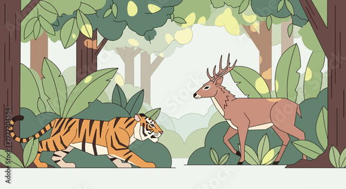 Tiger stalking deer in lush jungle foliage vector illustration colorful flat design wildlife predator prey animal scene nature background