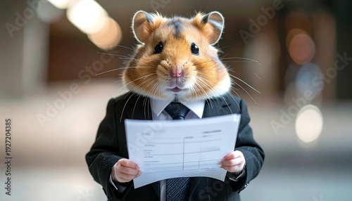 Hamster head on a suited body holds paper, bokeh background