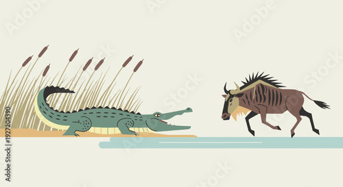 Cartoon wildebeest running from a crocodile near tall grass on a riverbank flat vector illustration of African wildlife in danger