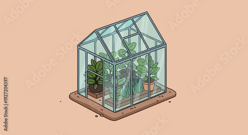 A 3D illustration of a greenhouse with lush plants from an isometric viewpoint