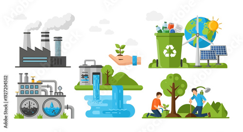 Sustainable practices and renewable energy sources in industrial and natural environments illustrated