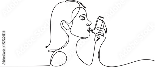 The woman has asthma. Inhaler to relieve symptoms of choking. World Asthma Day. one line art icon drawing vector