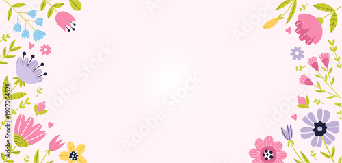 Cute hand-drawn floral frame background with spring flowers, blooming buds and green leaves. Flat vector design in soft pastel colors with copy space for greeting cards, invitations, banners