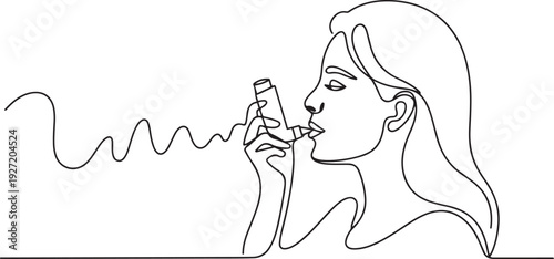 The woman has asthma. Inhaler to relieve symptoms of choking. World Asthma Day. one line art icon drawing vector
