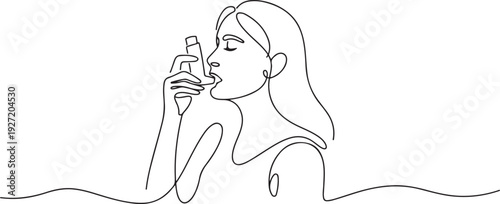 The woman has asthma. Inhaler to relieve symptoms of choking. World Asthma Day. one line art icon drawing vector