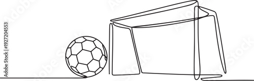The soccer ball lies near the soccer goal. Football game. World Football Day. one line art icon drawing vector