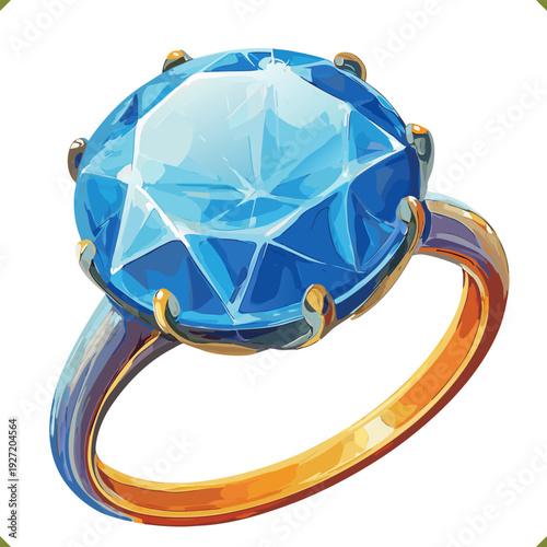 Vector illustration of a round blue gemstone ring with faceted crystal and decorative metal setting, top view, isolated on white background