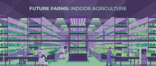 Modern Vertical Indoor Salad Farm Illustration with LED Lighting Rows in a Warehouse, Featuring Robots and Workers Managing Sustainable Hydroponic Agriculture for Future Food Production.
