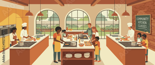 Modern Community Kitchen Flat Vector Illustration Featuring Diverse Families and Children Learning to Cook in a Culinary Class with Professional Chefs, Warm and Inviting Educational Environment.
