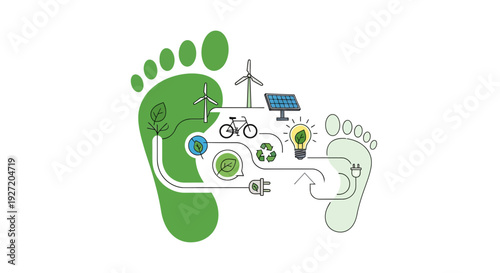 Eco-friendly lifestyle illustration showcasing sustainable practices, renewable energy sources, and environmental conservation from a global perspective.