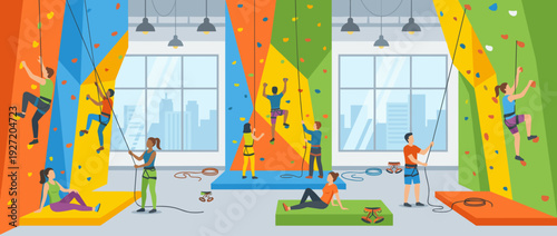 Modern Indoor Rock Climbing Gym Illustration with People Bouldering and Belaying on Colorful Walls. Vibrant Flat Vector Design of a Spacious Fitness Center with Climbing Gear and City View.