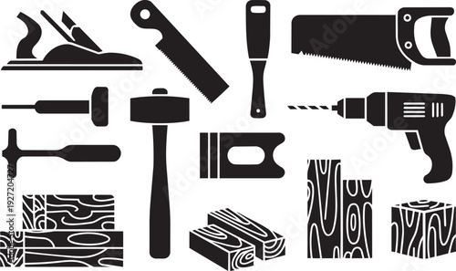 Collection of black silhouette woodworking tools including a hand plane chisels a saw a clamp a mallet a cordless drill and various pieces of timber or wood