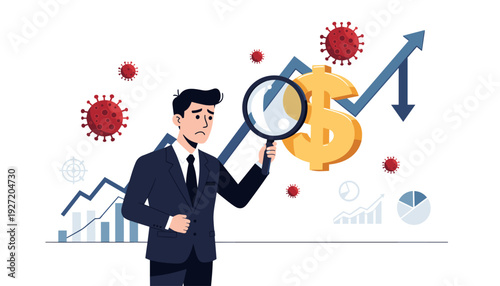 Businessman in Suit Examining Dollar Sign with Magnifying Glass during Coronavirus Outbreak Vector Illustration. Financial Crisis, Global Economic Impact, Market Volatility and Recession Concept.