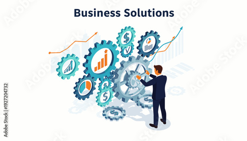 Businessman turning gears in a complex financial mechanism for business solutions. Isometric vector illustration of corporate strategy, growth, optimization, data analysis, and management.