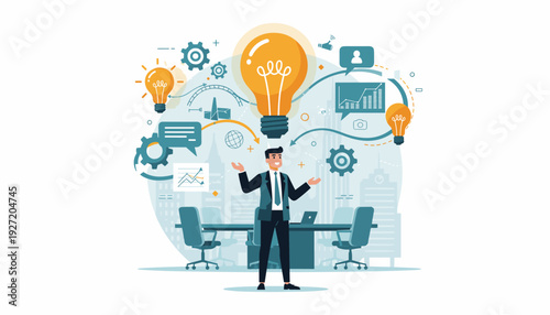 Businessman in office combining multiple ideas into one large glowing lightbulb, representing creative brainstorming, innovation, strategic planning, problem solving, and visionary leadership.