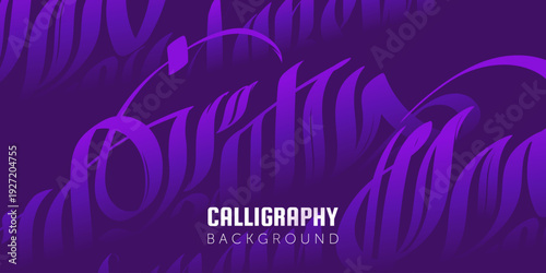 Vibrant purple abstract calligraphy background with large flowing ornamental letterforms in gradient color. Modern gothic typography composition. Ideal for banner, wall decoration, poster, branding