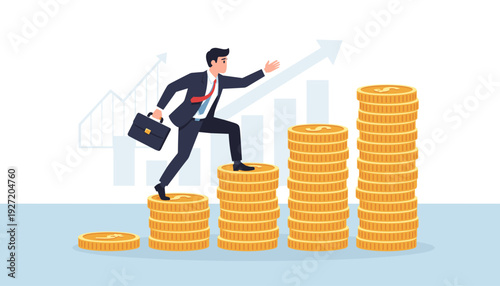 Successful businessman climbing a staircase made of gold coin stacks, representing financial growth, career advancement, investment profit, and wealth accumulation with a rising arrow graph.