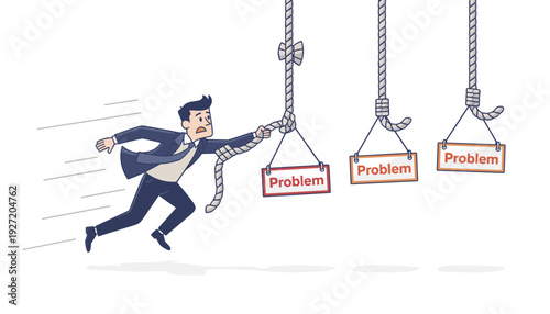 Businessman swinging from one rope to another like Tarzan, moving from one problem to another. Conceptual vector illustration of business challenges, stress, and continuous problem solving tasks.