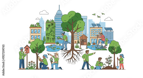 Community members engaging in eco-friendly activities amidst urban landscape with trees and greenery