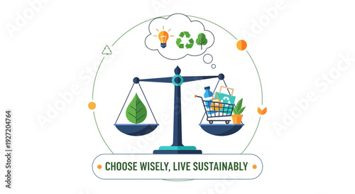 Sustainable living concept illustration featuring a balanced scale with eco-friendly elements and consumer goods, promoting wise choices and environmental harmony.