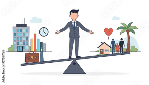 Work Life Balance Concept Illustration with Businessman Standing on Seesaw Balancing Career and Personal Life Icons like Office, Family, House, Clock, and Briefcase in Flat Vector Style