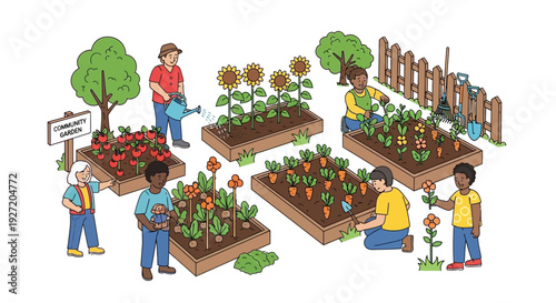 People gardening together in a vibrant community garden with various plants and flowers from an aerial perspective
