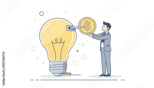 Businessman or Investor Putting Dollar Coin into Slot in Light Bulb, Concept of Investing in Ideas, Venture Capital, Crowdfunding, Innovation Funding, Monetizing Creativity and Business Startup