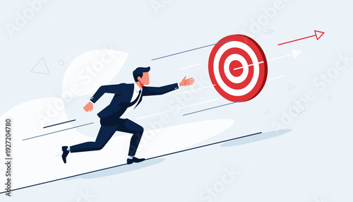 Businessman in Suit Running and Reaching Out to Catch a Flying Bullseye Target, Concept of Business Goal Achievement, Ambition, Success, Challenge, and Career Growth, Flat Vector Illustration
