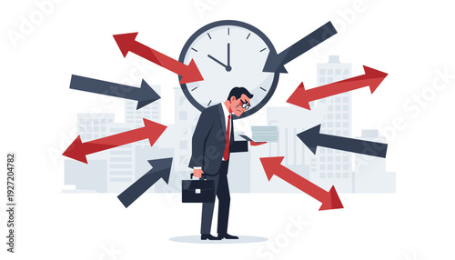 Stressed businessman in suit overwhelmed by work pressure, deadlines, and multitasking, surrounded by arrows and a large clock, concept of burnout, exhaustion, and corporate stress illustration.