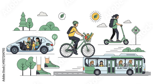 Illustration of people commuting to work using various transportation modes on a sunny day from an aerial viewpoint