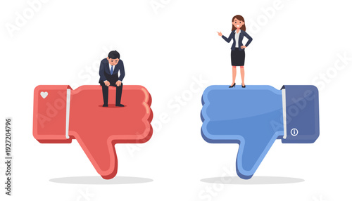 Business Success and Failure Concept with Sad Businessman Sitting on Red Thumbs Down Icon and Happy Businesswoman Standing on Blue Dislike Symbol, Social Media Feedback and Public Opinion Vector