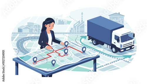 Businesswoman Planning Delivery Route on City Map with Pins and Cargo Truck, Concept of Logistics Management, Supply Chain Optimization, Global Transportation, and Freight Shipment Services.