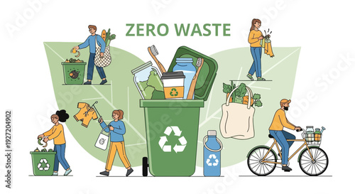 Community promoting zero waste lifestyle with recycling and sustainability efforts in a green environment
