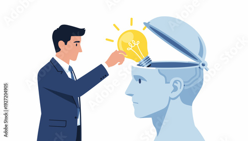 Businessman putting a bright light bulb into an open human head, symbolizing business creativity, innovation, and fresh ideas. Concept of knowledge transfer, inspiration, and mental potential.