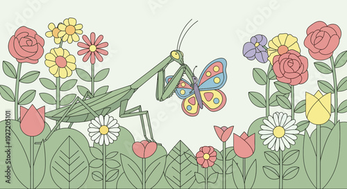Praying mantis catching butterfly in colorful flower garden vector flat illustration for children books or nature posters