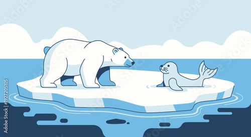 Cartoon polar bear on ice floe facing a seal in blue vector illustration; arctic wildlife climate change concept for graphic and commercial design