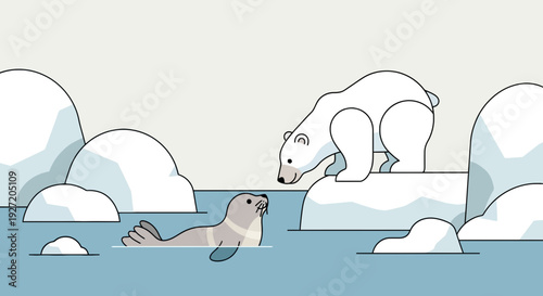 Polar bear eyeing a seal on ice floe in arctic ocean vector illustration; simple flat design with wildlife and nature theme