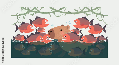 Cute capybara surrounded by red piranhas in river vector flat illustration; funny wildlife adventure in nature cartoon style animal in danger isolated